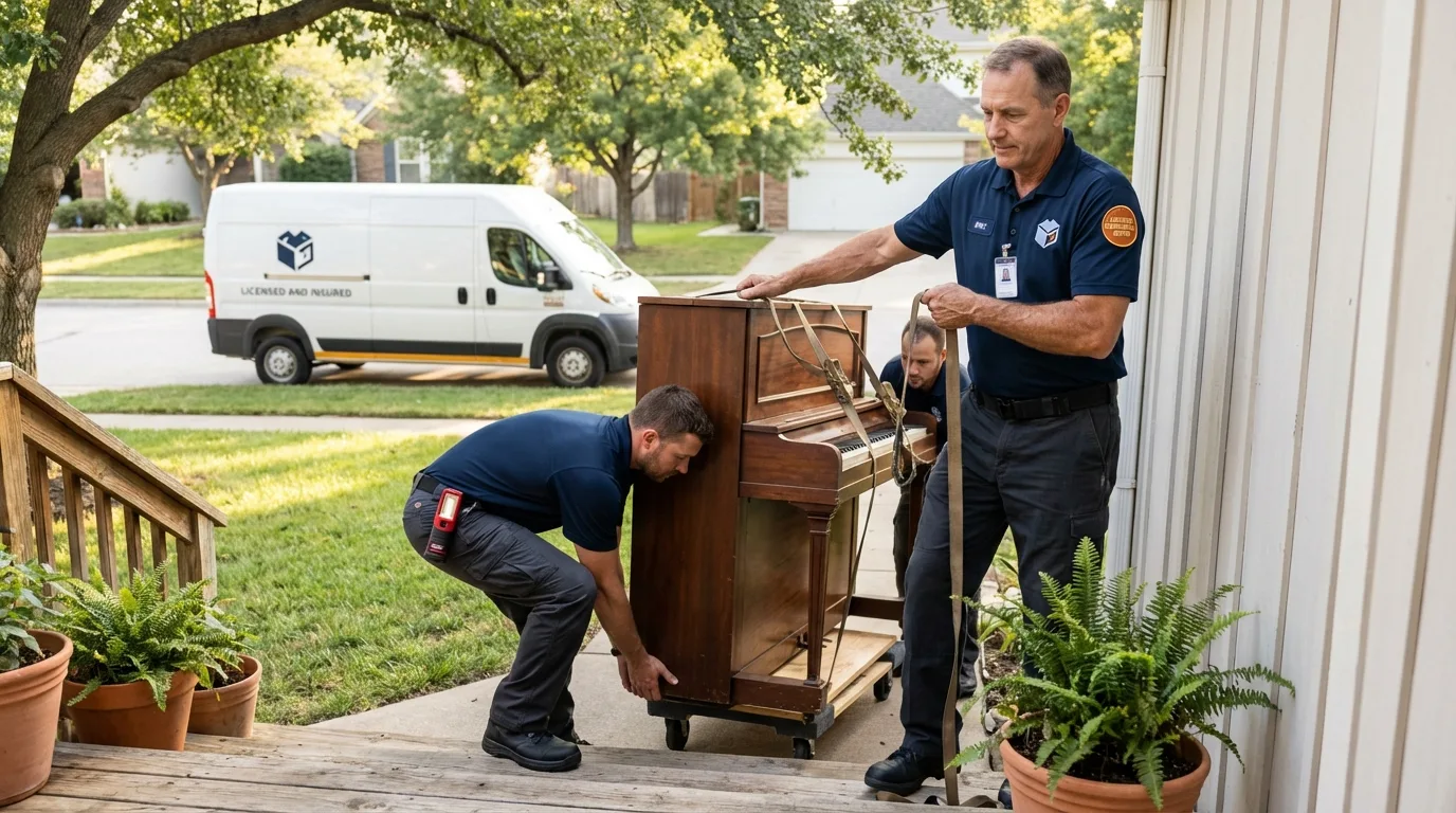 Licensed piano movers securing grand piano in Chadbourn, NC