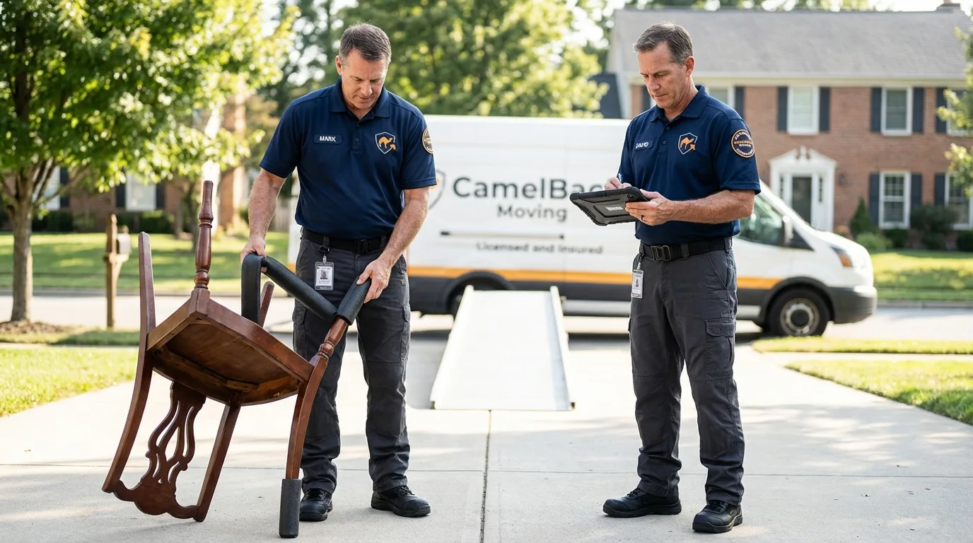 Movers inspecting furniture for damage prevention before loading in Chadbourn, NC