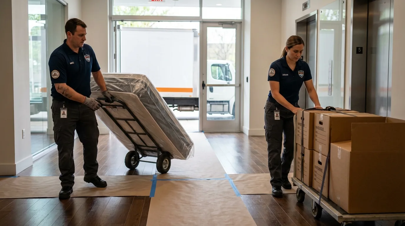 Professional apartment movers loading elevator in Chadbourn, NC