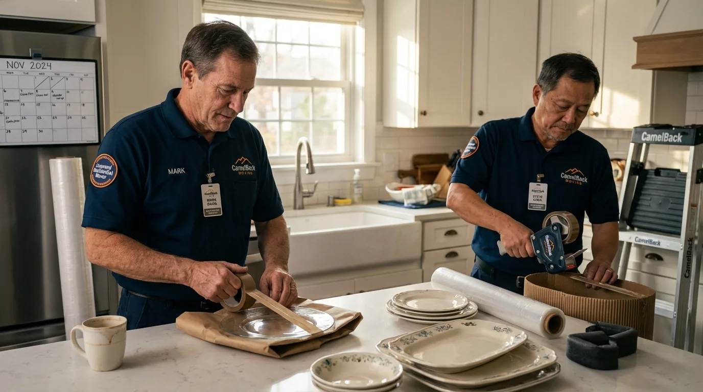 Professional crew packing kitchen dishware in Chadbourn, NC